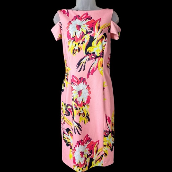 Tahari Arthur S. Levine Dress Size 6 Pink Floral Burst Sheath Wedding Guest - Picture 2 of 11